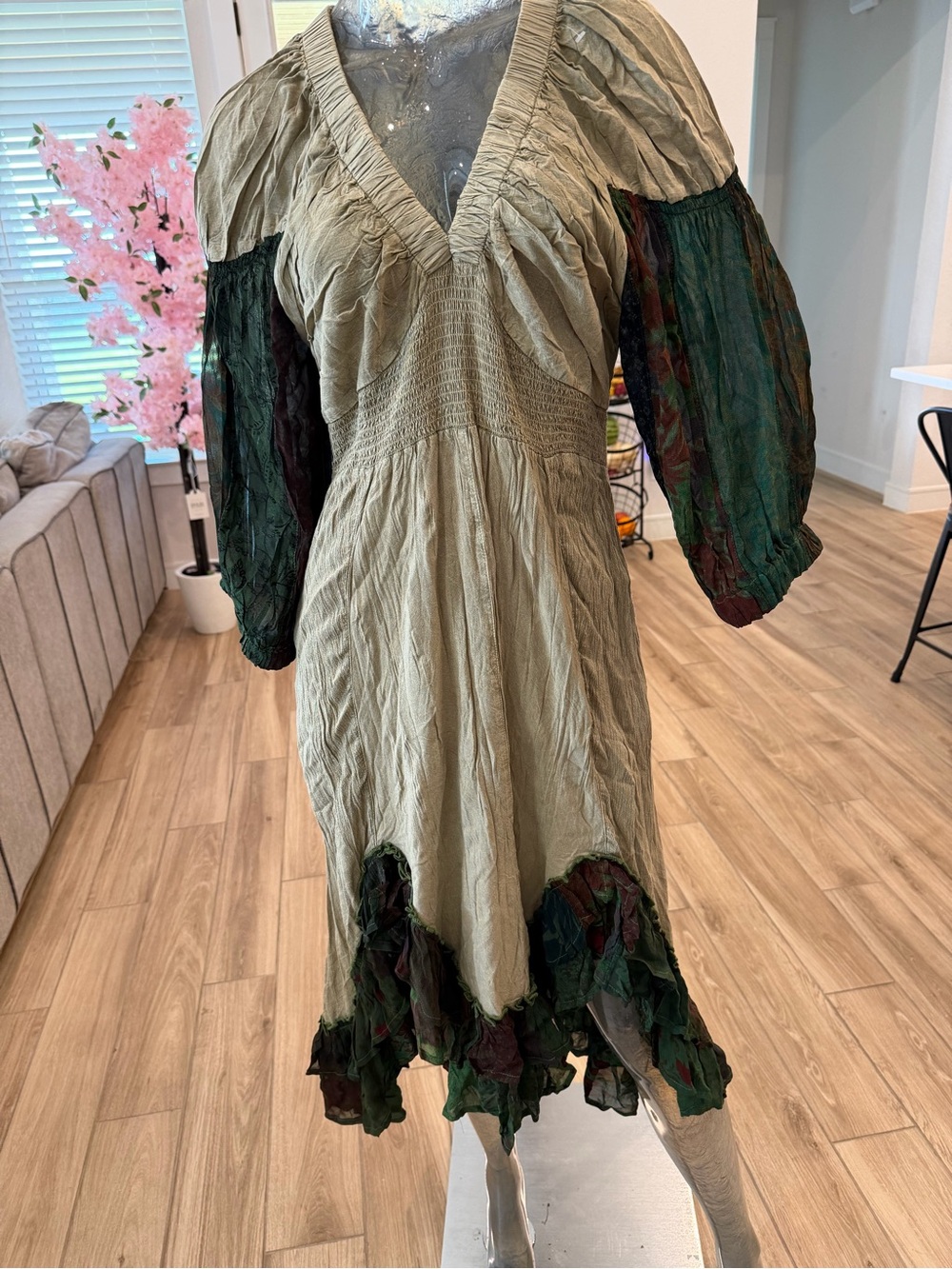 Boho Olive Maxi Dress with Contrasting Green Sleeve Panels